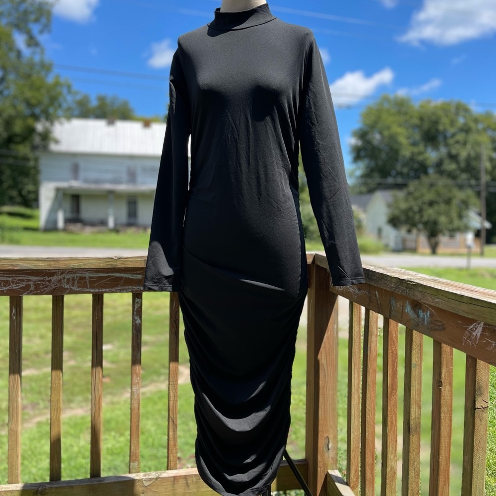 Micas  Black Long Side Ruched Dress